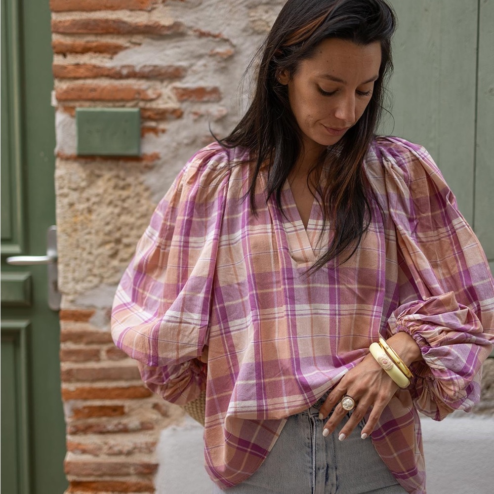 Vanessa Bruno Plaid Bell Blouse in Pink and Orange size 36